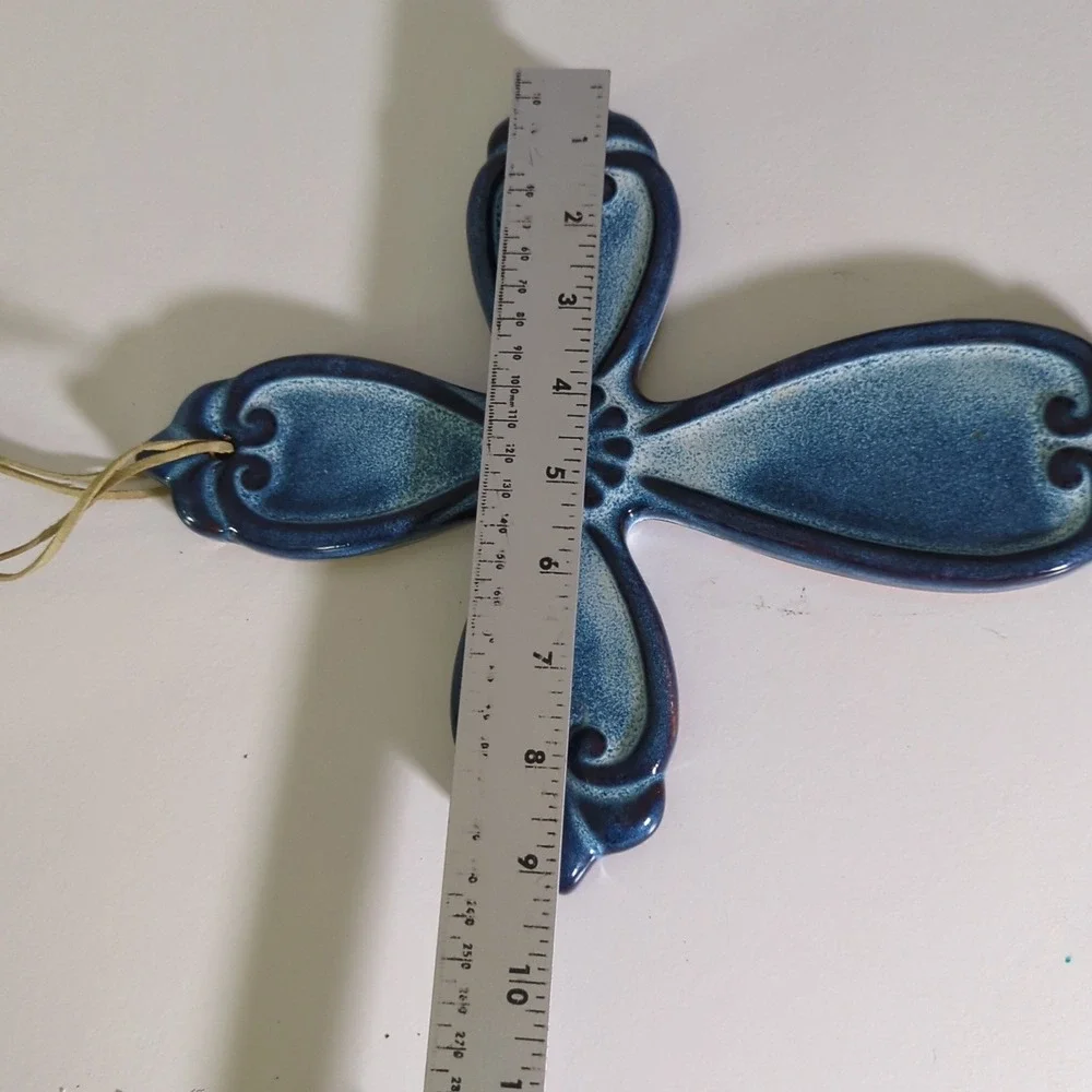Ceramic Cross Wall Hanging Blue Religious Home Decor Spiritual Art 9.25 X 11.75